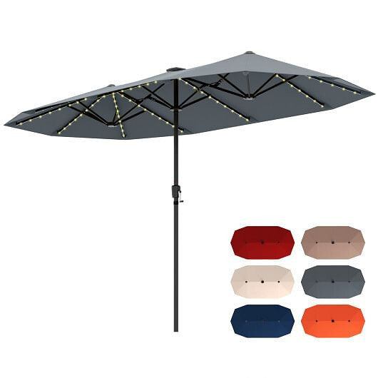 13 FT Large Patio Umbrella with LED Solar Lights and Crank Handle-Beige