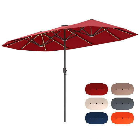 13 FT Large Patio Umbrella with LED Solar Lights and Crank Handle-Beige